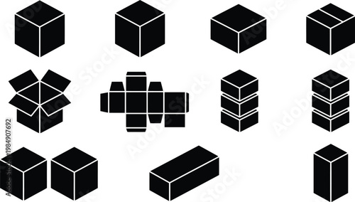 Verschiedene schwarze Silhouetten von Kartons und Verpackungen, darunter geschlossene, offene und gestapelte Boxen sowie ein entfalteter Karton.