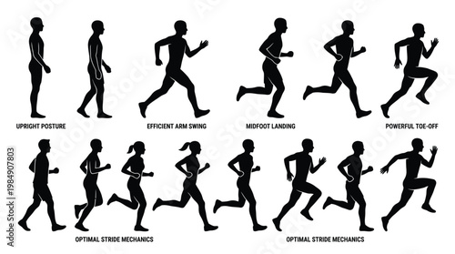 Runner motion analysis silhouette multiple stages of running gait cycle.