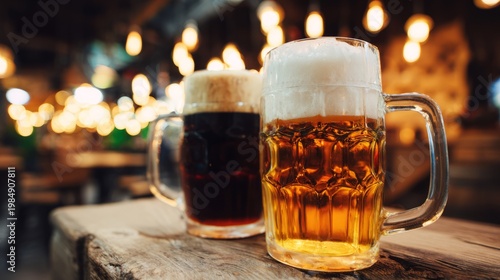 tavern. Glasses of light and dark beer on rustic pub table. bar promotions, beverage menus, packaging labels, designed for product packaging and bar promotions, used by supply chain planners.
