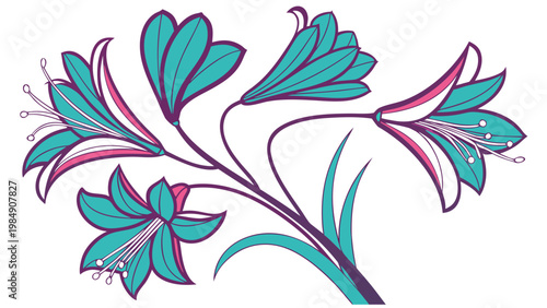 Decorative stylized flowers with curved stems and leaves in vibrant colors forming elegant botanical ornament illustration
