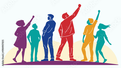 Colorful silhouettes of diverse people raising hands in unity symbolizing teamwork diversity celebration and success