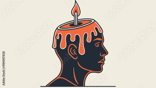 Minimal illustration of human head with melting wax and burning candle flame symbolizing mind creativity ideas and mental burnout