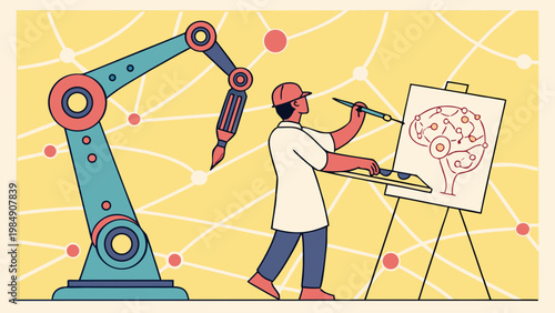 Engineer drawing brain diagram next to robotic arm illustrating automation innovation and artificial intelligence in modern industry