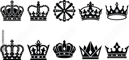 Eine Sammlung von zehn verschiedenen schwarzen Kronen-Vektor-Symbolen auf weißem Hintergrund, die königliche und majestätische Designs darstellen.