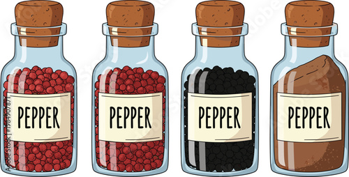 Pepper spice bottles vector set with red black and powder seasoning jars illustration isolated on white background