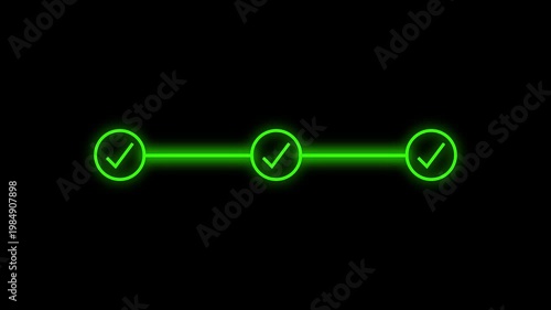 Green Neon Glowing Progress Tracker Animation with Three Steps and Checkmarks. Minimalist UI/UX Concept for Business Milestones, Task Completion, Goals, Success,  Digital Workflow on Black Backgroun