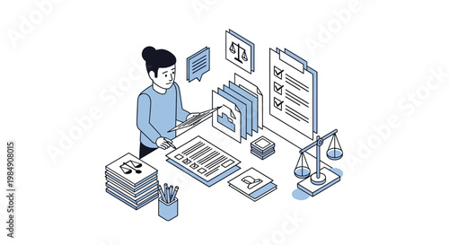 Isometric Professional Legal Services Illustration with Lawyer, Scales of Justice, and Document Compliance Concept