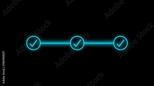 Blue Neon Glowing Progress Tracker Animation with Three Steps and Checkmarks. Minimalist UI/UX Concept for Business Milestones, Task Completion, Goals, Success, and Digital Workflow on Black Backgroun