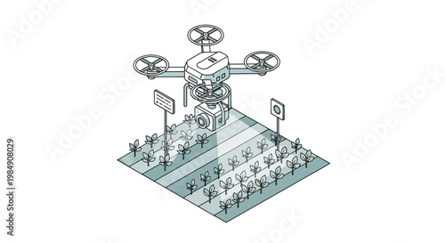 Smart Agriculture Concept: Isometric Drone Monitoring Crops for Precision Farming, Automated Field Analysis and Agritech Innovation Line Art Illustration
