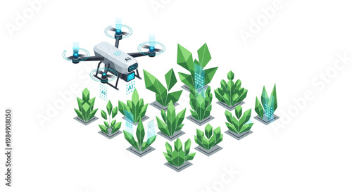 Smart Farming Isometric Illustration: AI Drone Scanning Plants in a Digital Field for Precision Agriculture and Crop Health Monitoring