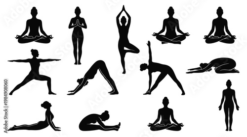 Female yoga silhouette set showing various meditation and stretching exercise poses.