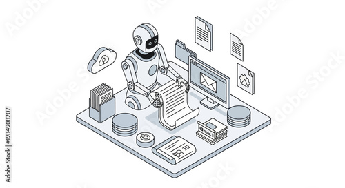 Isometric Illustration of an AI Robot Processing Documents and Emails for Business Automation and Data Management