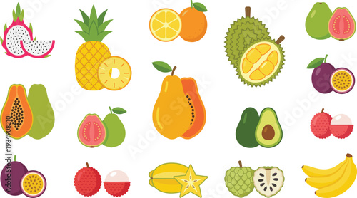 Tropical Fruit Icon Set with Pineapple, Papaya, Dragon Fruit, Durian, Avocado, Guava, Starfruit, Banana, and Passion Fruit for Exotic Food Design and Nutrition Illustrations