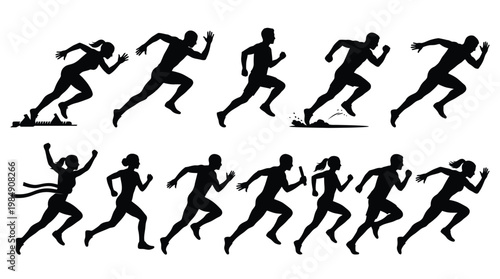 Silhouette set of professional runners sprinting and reaching finish line on track.