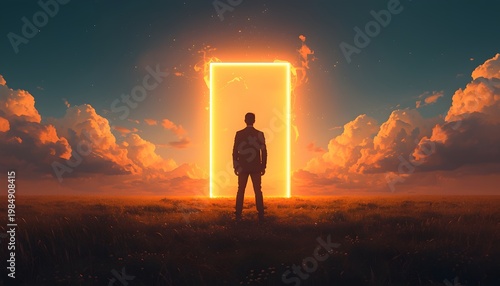 Man Facing Glowing Orange Portal in Vast Cloud Landscape — Digital Artwork on AI Creativity, Branding Identity, Strategic Decision-Making, and Futuristic Vision