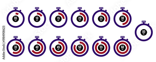 Stopwatch Timer Icons Collection 5 to 60 Seconds Progress Countdown