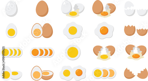 Egg Icon Set with Whole, Cracked, Fried, Boiled, and Sliced Variations for Breakfast Food Design, Cooking Concepts, and Kitchen Illustration Graphics