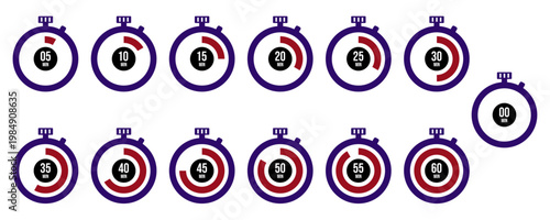 Timer Stopwatch Icon Set for Intervals from 5 to 60 Minutes