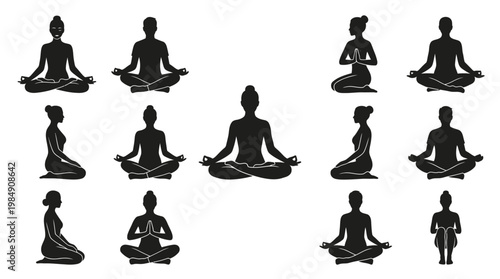 Collection of diverse black meditation poses silhouettes on transparent background.