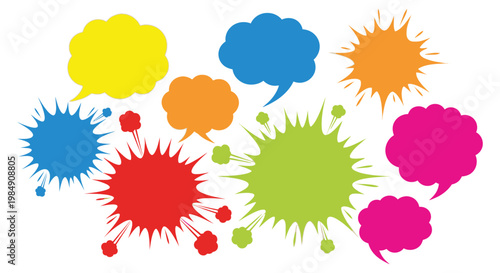 Vibrant overlapping speech bubbles in yellow blue orange green and pink create a dynamic composition silhouette high quality professional detailed modern
