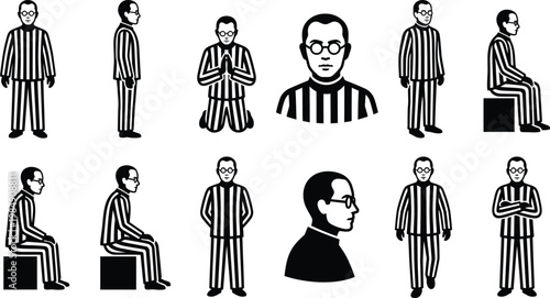 Illustrationen eines Mannes in gestreifter Uniform in verschiedenen Posen und Ansichten, einschließlich Porträts und Ganzkörperdarstellungen.