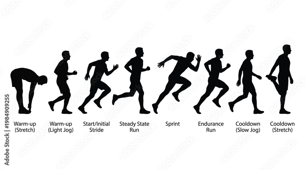 Fototapeta premium Runner in different stages of a race from warm up to cooldown.