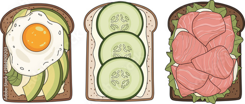 Healthy sandwich vector set with avocado egg cucumber and salmon toppings illustration isolated on white background