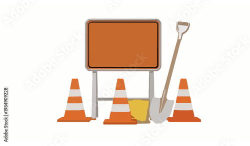 Construction site safety 3D vector road work ahead sign cones hard hat isolated on white