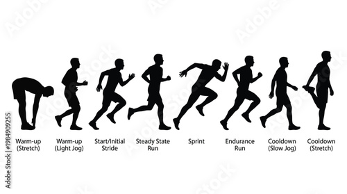 Runner in different stages of a race from warm up to cooldown.