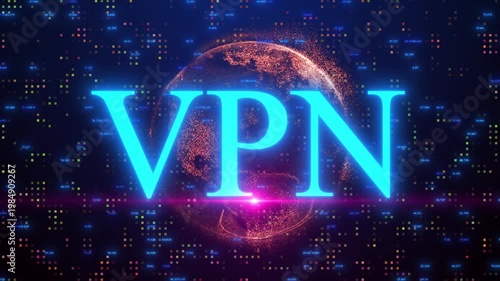 A Futuristic High-tech Cybersecurity Concept Featuring Large Glowing Cyan VPN Text Overlaying A Rotating Digital Particle Globe On A Dark Blue Background With Floating Data Points, Numerical Codes, An