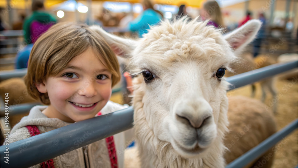 Fototapeta premium Pet bonding companionship feeding child alpaca smiling visit