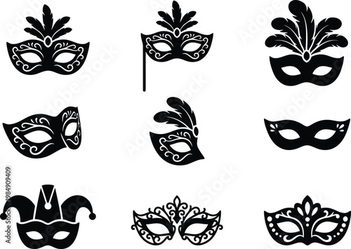 Sammlung von neun schwarzen Silhouetten venezianischer Karnevalsmasken mit verschiedenen Designs und Federn.