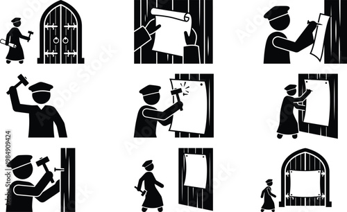 Mann schlägt eine Ankündigung mit Hammer und Nägeln an eine Tür oder Wand.