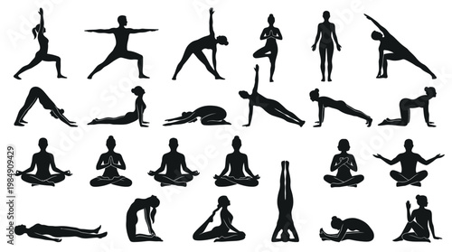 Yoga silhouette collection of people in various asana positions for fitness design.