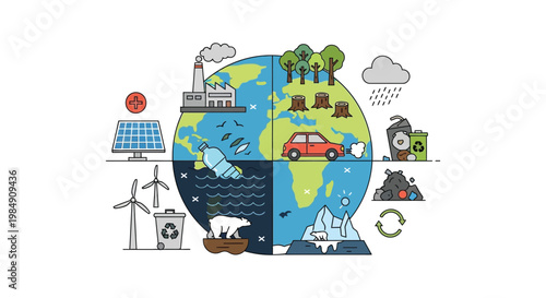 A divided earth depicts environmental issues contrasting pollution and sustainability with a distinct silhouette high quality professional detailed modern elegant stylish