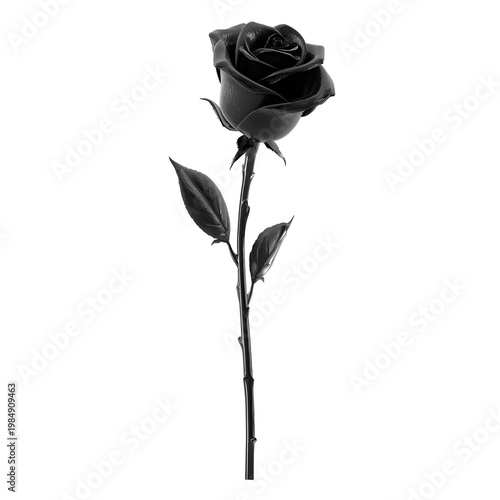 3D Rendered Black Rose Single Stem Metallic Texture Elegant Minimalist Design White Background Black Rose 3D Render