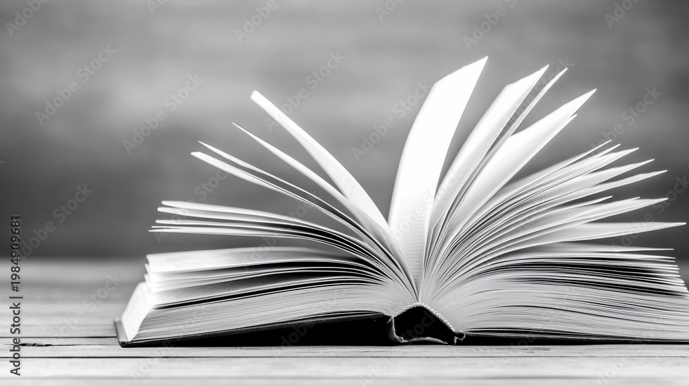 Fototapeta premium Open Book with Fluttering Pages in Monochrome, Education and Knowledge Concept