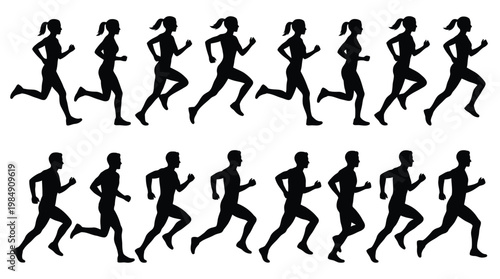 Sprinting man and woman animation frames showing running cycle for motion graphics.