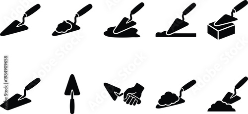 Sammlung von schwarzen Silhouetten-Icons, die Maurerkellen und Spachteln in verschiedenen Bauanwendungen und mit Mörtel zeigen.