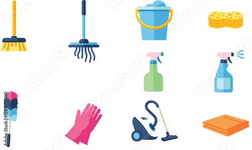 Cleaning tools vector icon set with broom mop vacuum and spray bottles for housekeeping services flat design isolated