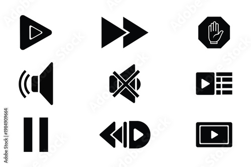 Black Media Player Control Interface Icons Set for Video and Audio Apps