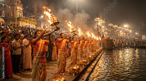 Ganga Dussehra aarti ceremony at river ghats with priests holding fire lamps during night spiritual ritual Indian culture festival scene