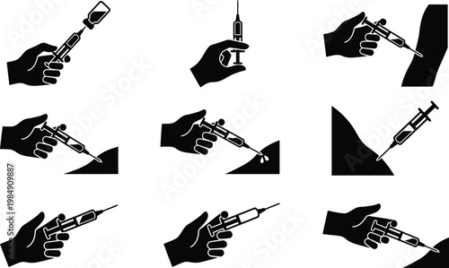 Schritte zur Vorbereitung und Verabreichung einer Injektion oder Impfung mit Spritze und Nadel.