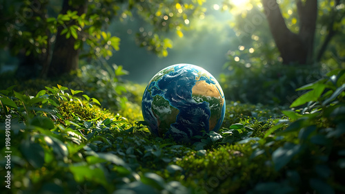 Earth globe resting in lush green forest, sunlight filtering through trees, nature