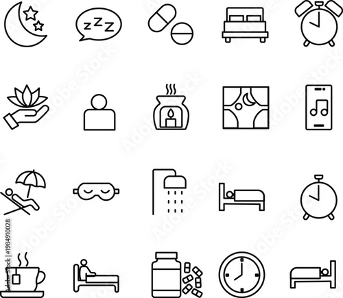 Sleep and relaxation line icons set, 20 vector elements for bedtime routine, insomnia treatment and wellness app interface design