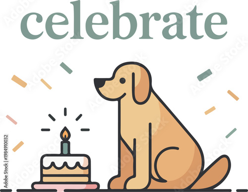 Golden retriever dog with birthday cake and confetti