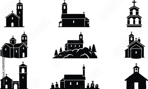Eine Sammlung von neun detaillierten schwarzen Silhouetten verschiedener Kirchen und religiöser Gebäude, die unterschiedliche architektonische Stile und Umgebungen darstellen.