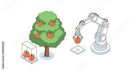 Robotic Arm Harvesting Red Apples from a Tree: Smart Farming and Agricultural Automation Concept, Isometric Vector Illustration