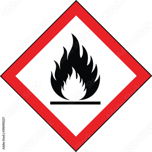 GHS hazard label design with flammable symbol and geometric pattern
