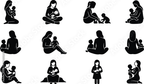 Silhouetten von Müttern und Babys, die verschiedene Aspekte der Kinderbetreuung und Zuneigung darstellen.